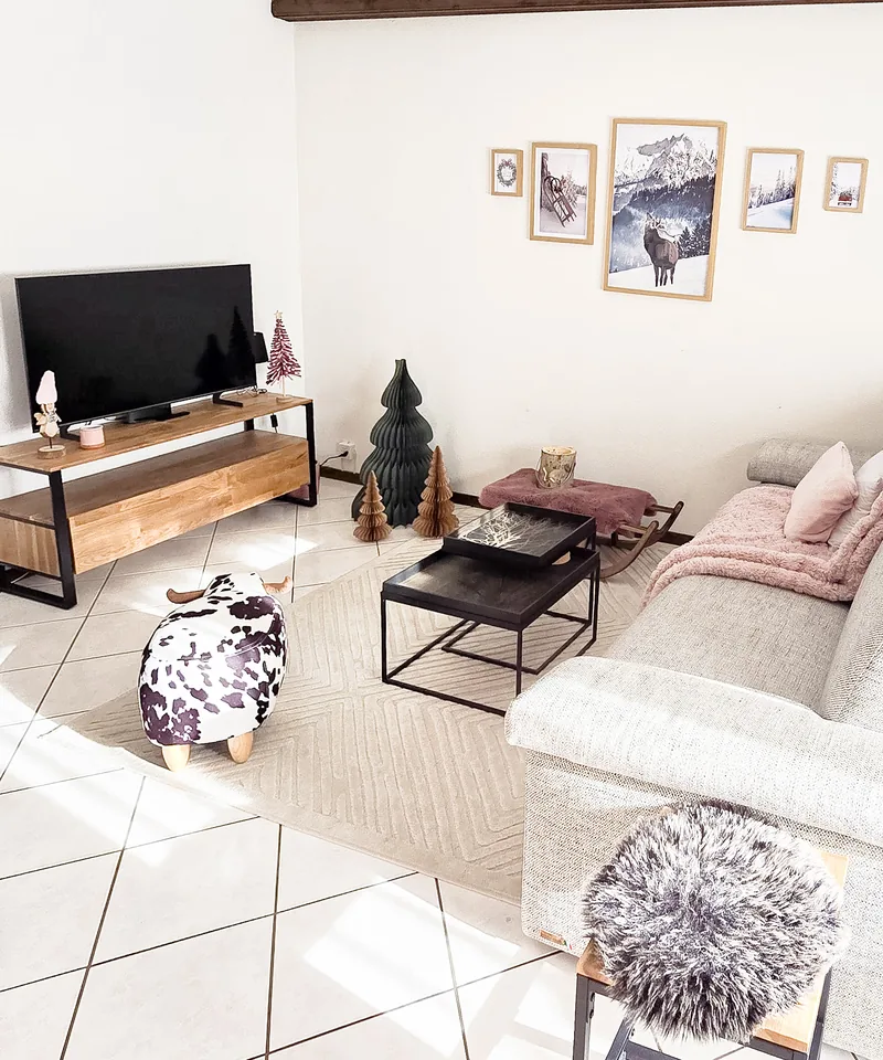 Salon cosy avec canapé et TV d'un appartement en gestion locative