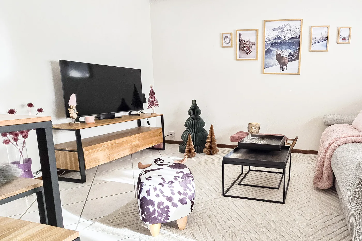 Séjour avec TV et décoration alpine d'un appartement géré par notre conciergerie